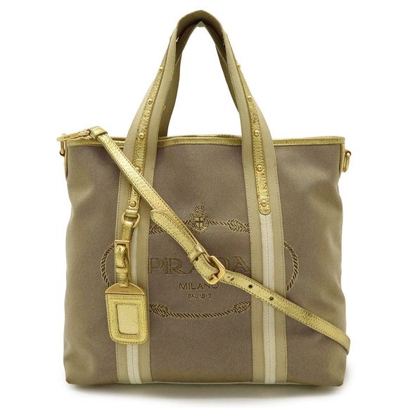 Prada Logo Jacquard Tote Bag 2WAY Shoulder Bag Diagonal Canvas Metallic Leather - Picture 1 of 9